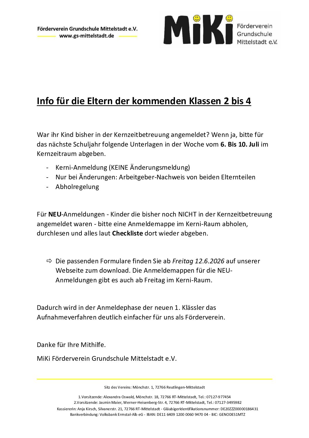 Mehr über den Artikel erfahren Info für die Eltern der kommenden Klassen 2-4